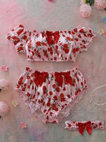 FloralLove 3-częściowy komplet bielizny damskiej z satyny żakardowej z kwiatowym nadrukiem i romantyczną koronką w kwiaty - Różowy - Zobacz 6