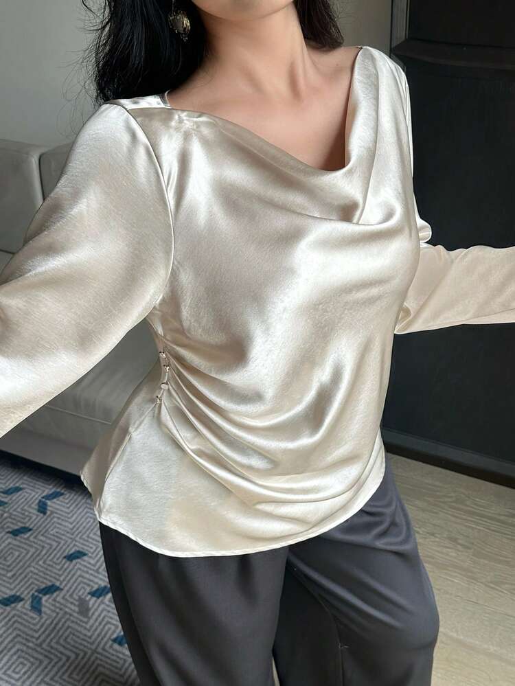 Dazy Plus Elegant Pleated Waist Crew Neck Long Sleeve Blouse, Fashionable Poplin Fabric, Suitable For Spring And Autumn