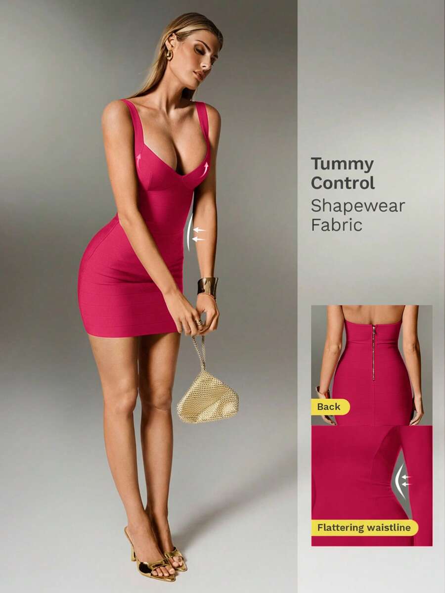 Nuvra Women's Sexy Backless Bodycon Vacation Dress, Curve-Hugging Ribbed Knit Bandage Dress - Hot Pink - View 1