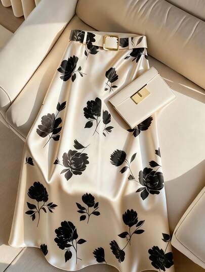 GlowEve Elegant Commuter Satin Metal Buckle Decor Floral Print A-Line Skirt