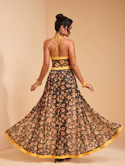 JIAN LASALA Vestido de mujer sin mangas con cuello de halter, estampado floral en todo el Body, escote en V profundo y falda con cola maxi