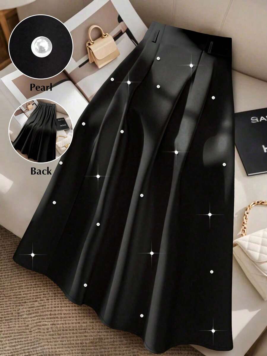 SHEIN CURVE+ Plus Size Solid Color Minimalist Everyday Pearl Decor Skirt Pearl Embellishment Skirt Rhinestone Skirt Skirts Black Pleated Skirt Black Skirt - Black - View 1