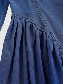 SHEIN 女童3D蝴蝶结装饰深蓝色牛仔连衣裙 - 深色水洗藍 - 查看 5