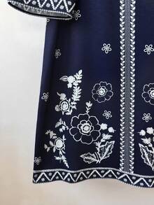 Lyxana Đầm dài tay cổ chữ V dáng rộng thêu hoa dành cho nữ - Nhiều màu - Xem 6