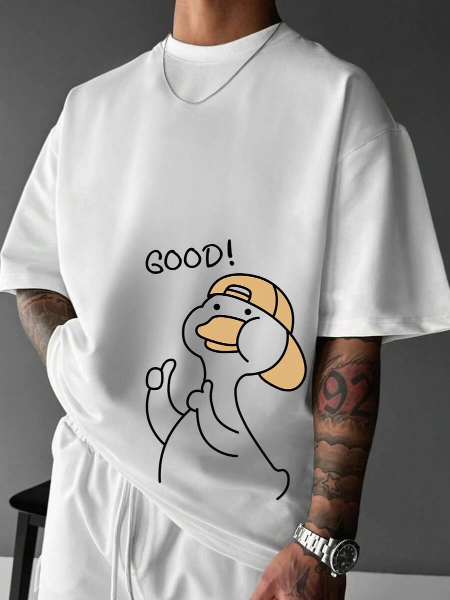 Manfinity Hypemode قميص كاجوال قصير الأكمام بياقة مستديرة وفضفاض للرجال، صيفي - أبيض - مشاهدة 1