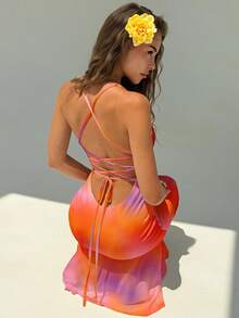 Aloruh Women's Fashion Sexy Elegant Orange Tie Dye Backless Tie Neck Dress, Summer Dress, Beach Dress, Beach Outfit, Party Dress, Wedding Guest Dress, Birthday Dress, Music Festival Dress - Orange - View 5