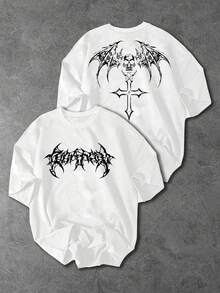 Sport MetroGents Camiseta deportiva blanca de corte holgado con estampado de calavera y alas, de moda casual y urbana para hombre, de verano - Blanco - Ver 2