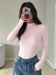 SHEIN EZwear 女士浅粉色立领长袖休闲紧身上衣，春夏款 - 淺粉色 - 查看 5