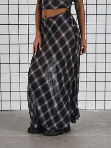 COUREZ Low Rise Check Sheer Maxi Skirt /Y2K Spring Clothes For Women - Multicolor - View 5