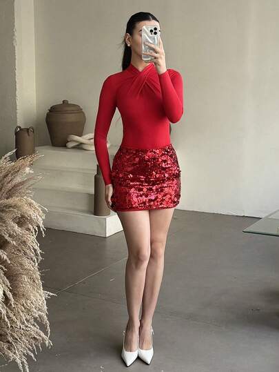 Andrea Bello Mono elegante y sensual para Navidad, cuello de volantes de canalé versátil de manga larga, casual y cómodo para uso en casa