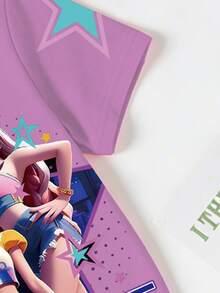 年轻女孩休闲时尚创意个性化清新简约可爱酷炫虚拟女团彩色五角星图案字母标语印花舒适短袖T恤裙，适合年轻女孩的温暖夏秋款式 - 彩色 - 查看 4