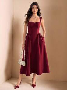 SHEIN Tall Váy dạ hội thanh lịch cổ điển dành cho nữ có túi, váy dự tiệc trà thường ngày, lễ hội, tiệc tùng, kỳ nghỉ hè, váy dạ hội, váy dự tiệc sinh nhật, khách dự tiệc cưới - Đỏ - Xem 2