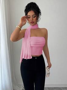 Elenzga 优雅网纱围巾褶皱吊带背心女款 - 粉色 - 查看 3