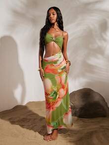 Opulessa 女士针织镂空印花连衣裙，适合春夏度假穿着 - 綠色 - 查看 5