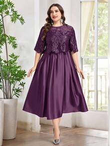 Reflora Plus Size Women Crew Neck Short Sleeve Jacquard Elegant Dress - Purple - View 11