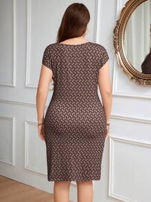 SHEIN Clasi Váy in họa tiết với đường viền bất đối xứng và thiết kế xếp ly ở eo. - Màu nâu  Mocha - Xem 2