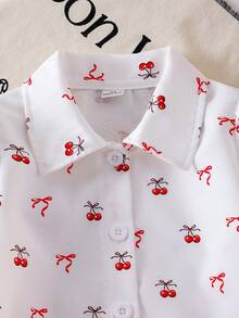 少女休闲樱桃蝴蝶结印花衬衫搭配褶裥网纱裙，优雅高端的秋季度假装扮 - 紅色 - 查看 4