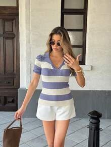 Pariaura Contrast Stripe Polo Collar Knit Top, French Street Style, Short Sleeve Summer Blouse - Purple - View 6