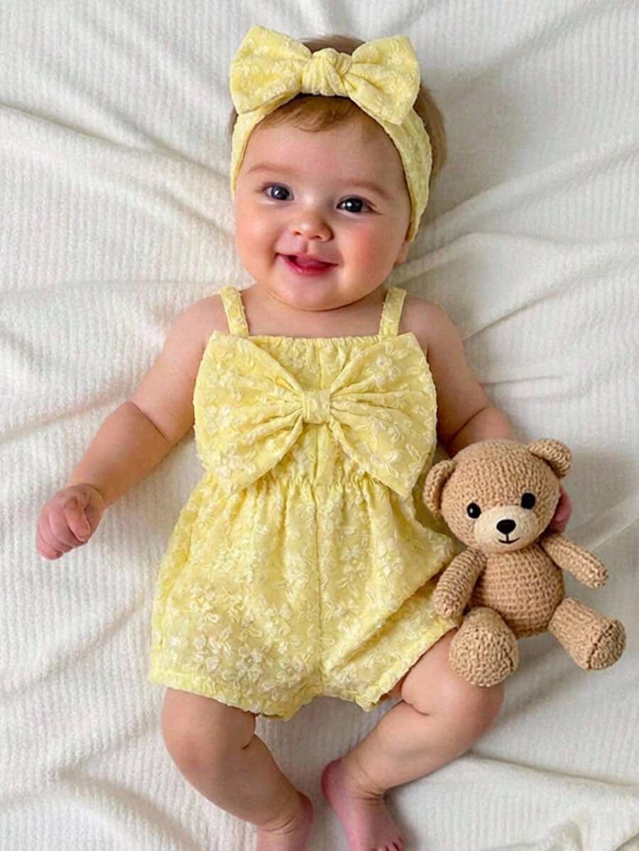 一件式可爱女宝宝休闲简约夏季蓝白条纹蝴蝶结背带连体短裤，返校季，时尚街头风，母女装 - 黃色 - 查看 1