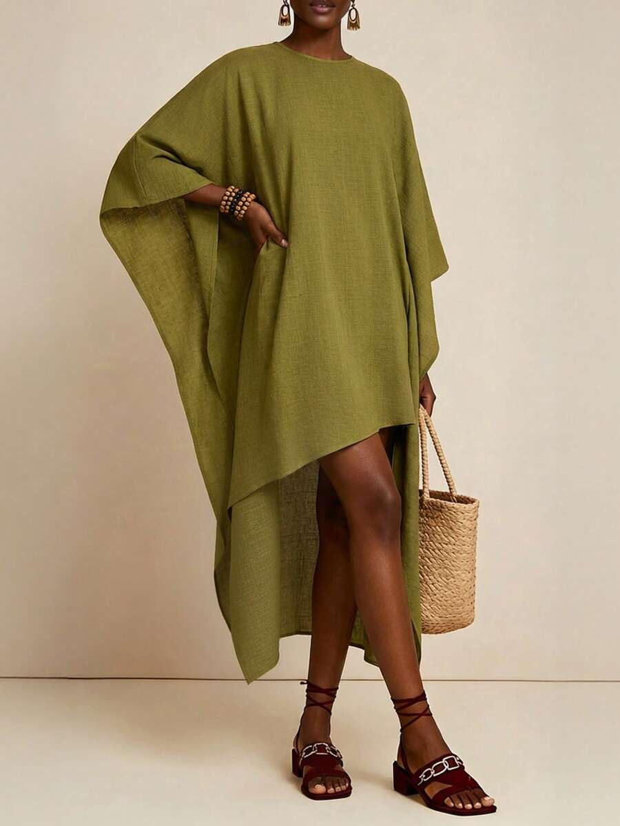 SHEIN Veneréa Women's Casual Vacation Minimalist Solid Mustard Green Round Neck Batwing Sleeve Loose Front Short Back Long Dress - Green - View 1