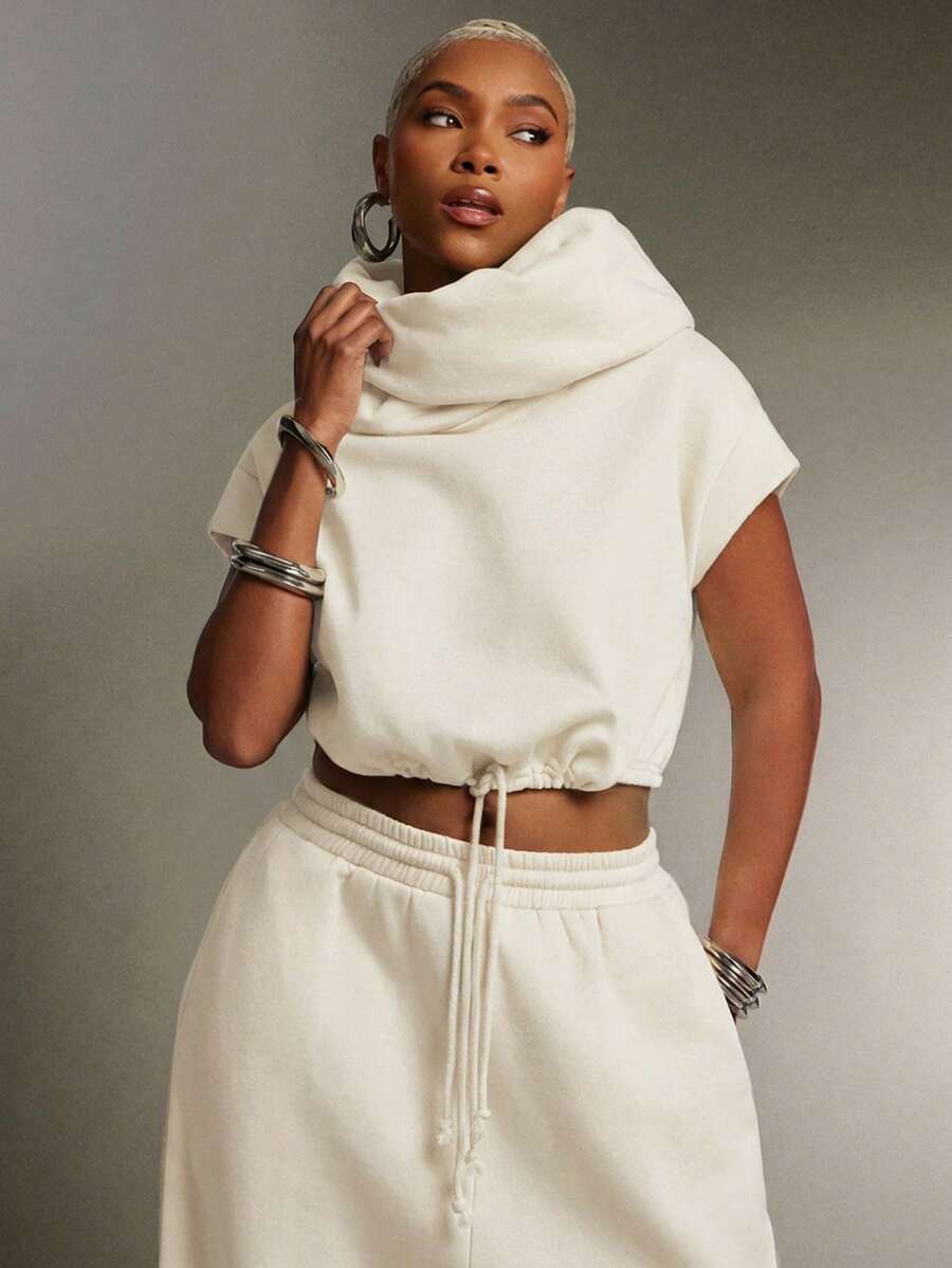 Denimoi 高领连帽多功能毛圈布卫衣上衣 时尚街头风连帽衫 - 米色 - 查看 1