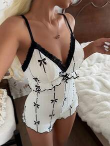 CottageSlumber Women's Lace Trim Camisole Jumpsuit With U-Shaped Open Back, Bow Decor, Jacquard Knit Slim Fit Sleepwear - White - View 3