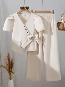 SHEIN 2pcs/Set Girls' Puff Sleeve Top With Oblique Button And Pleated Hem, Paired With Straight Leg Wide Pants Suit - Khaki - View 1