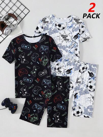 Bộ 4 món đồ ngủ ngắn tay cổ tròn in hình bóng đá và game dành cho bé trai tuổi teen, đồ mặc nhà thoải mái.