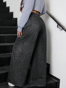 SHEIN Teen GirlLoose Straight Leg Blue Jeans - Dark Grey - View 2
