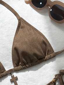 SHEIN Swim Women's Solid Color Simple Halter Neck Swimwear Set - Brown - View 3