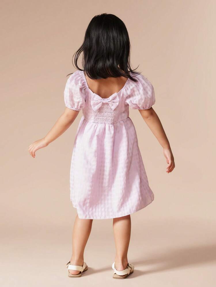 Checked Puff Sleeve Square Neck Midi Dress