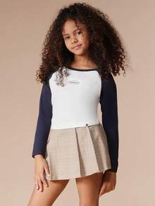 SUMWON Camiseta de béisbol de manga larga con cuello redondo y estampado de logotipo ovalado para niñas, de algodón, para uso casual, escuela, uso diario y vacaciones - Azul y blanco - Ver 4