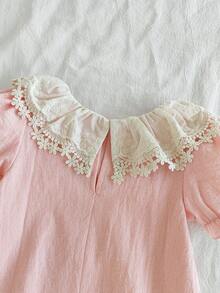 SHEIN Vintaside Kids 1件女婴舒适时尚常规厚度圆领连衣裙，饰有可爱蝴蝶结，百搭基础款泡泡袖柔软连衣裙，适合夏季休闲、户外、旅行、上学和日常穿着。 - 彩色 - 查看 9