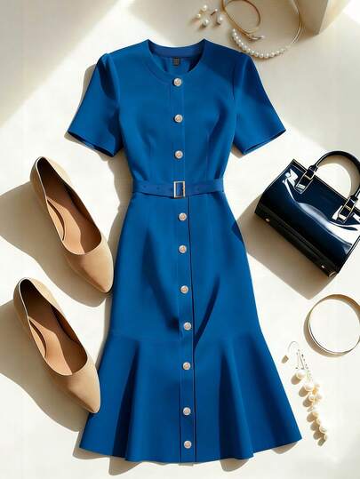 Franclia Vestido Longo Elegante de Cor Sólida com Decoração de Botão Frontal para Mulheres, Decote Redondo de Manga Curta, Acessório de Cinto com Fivela na Cintura, Estilo Primavera/Verão