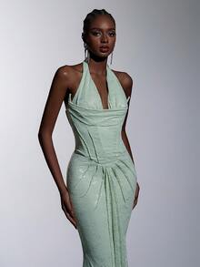 Elitara Elegant Mint Green Lace Halter Mermaid Tail Formal Evening Gown - Mint Green - View 5