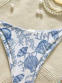 Swim Vcay 女士沙滩度假纹理海洋生物贝壳印花系带性感泳裤 - 藍白色 - 查看 7