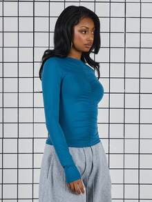 COUREZ 长袖修身褶皱上衣 / Y2K 春季女装 可爱蓝色外出上衣 返校季穿搭 夏季上衣 夏季穿搭 - 藏蓝色 - 查看 5