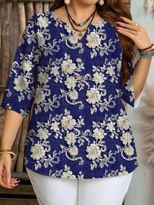 EMERY ROSE Camisa azul de talla grande, casual y elegante, con estampado de textura similar al bordado, adecuada para primavera y otoño - Multicolor - Ver 6