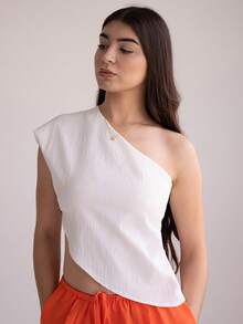 Andrea Bello Women's Simple Solid Color Textured Asymmetric Hem Blouse Summer Summer Outfits Summer Clothes Beach Outfits For Woman  Beach Vacation Vacation Outfits Woman Boho  Tropical Vacation Woman Clothe Tropical Vacation Woman Clothe Minimalana White Short Top Asymmetrical, Elegant, Simple, Slim, Versatile For Commuting Off The Shoulder Top - Apricot - View 3