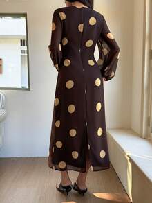 Livesso 女士波点印花系带灯笼袖修身优雅中长连衣裙 - 棕色 - 查看 3