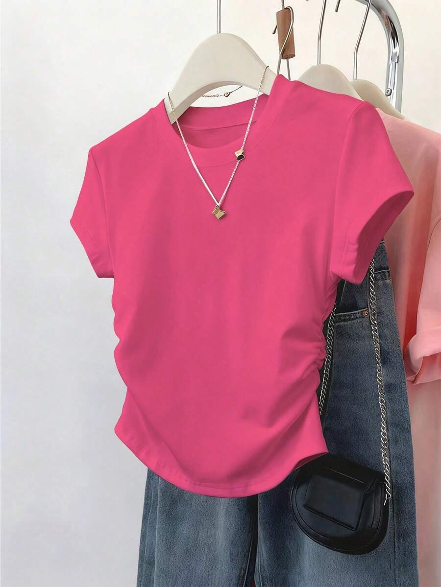 Resyla 大码女式休闲户外上衣，夏季新品，户外约会，优雅风格，玫瑰红，亮色，粉色，返校季，教师节，褶皱腰身修身T恤 - 粉色 - 查看 1