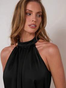 COSMINA 女士优雅腰带高领褶皱缎面无袖背心，通勤和日常穿着皆宜，四季皆可 - 黑色 - 查看 7