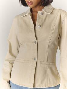 MUSERA 修身长袖翻领牛仔外套，夏季度假休闲可爱优雅酷女孩办公室上衣，适合女性秋季、冬季日常穿着，时尚百搭。 - 米色 - 查看 3