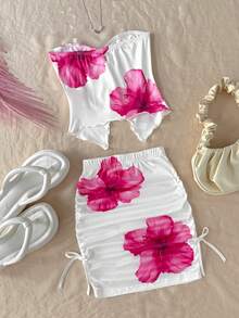 SHEIN Tween Girl Casual Vacation Floral Print Camisole Top And Mini Skirt Set - Pink - View 2