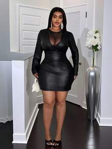 Slaydiva Đầm mini dáng ôm màu trơn bằng da PU phối lưới, cổ áo phối ren, thích hợp cho mùa Xuân/Hè, phù hợp cho Halloween, tiệc sinh nhật, sự kiện, sinh viên, mặc hàng ngày, đa năng, thanh lịch và gợi cảm. Thích hợp cho trang phục ngày Valentine. - màu đen - Xem 9