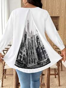 Breezaya 大码女式白色后背解构褶裥长袖商务休闲优雅秋冬宽松纽扣衬衫 - 黑與白 - 查看 2