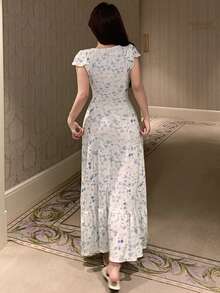 DAZY Ditsy Floral Cinched Waist Long Women's Nightgown - White - View 2