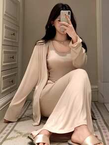 DAZY Women's Simple Solid Color Knit Cardigan, Tank Top And Mini Skirt Homewear Set - Apricot - View 6