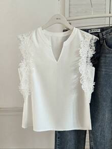 GlowEve 女士优雅日常白色镂空花卉蕾丝边V领无袖背心，夏季 - 白色 - 查看 5