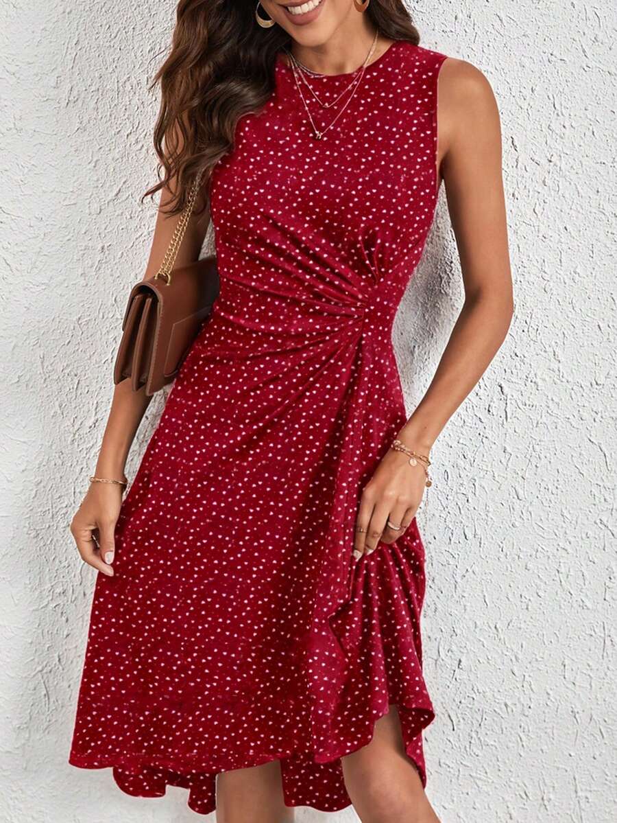 SHEIN Clasi Women's Casual Sleeveless Heart Polka Dot Print Ruched Waist Dress, Summer - Red - View 1